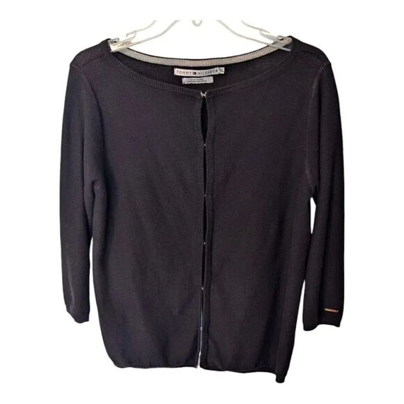 Tommy Hilfiger Women's Medium 3/4 Sleeve Hook & Eye Front Solid Black Sweater - Picture 1 of 7